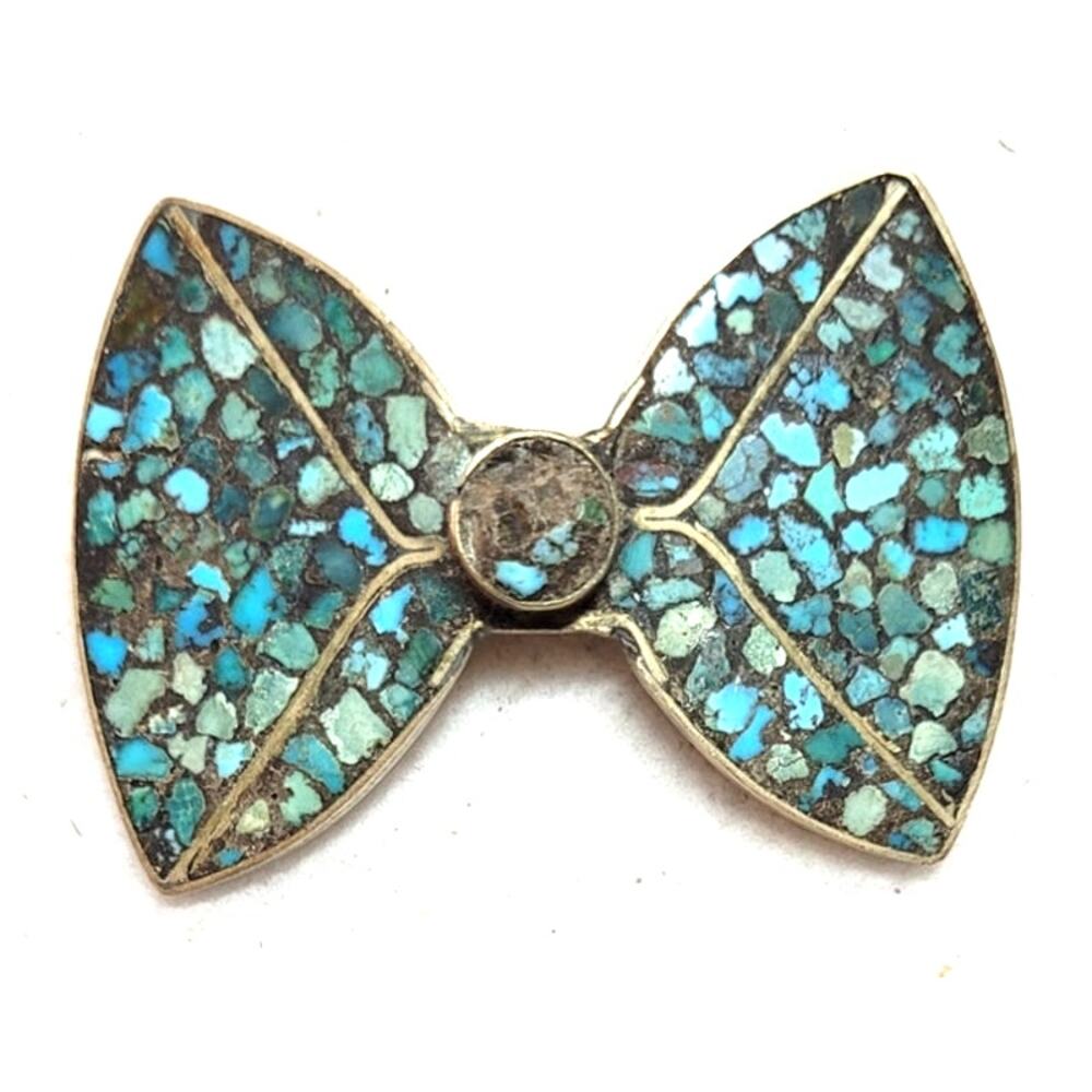 Vintage Mid Century N. India Turquoise Mosaic Chip Inlay Bow Brooch Southwestern